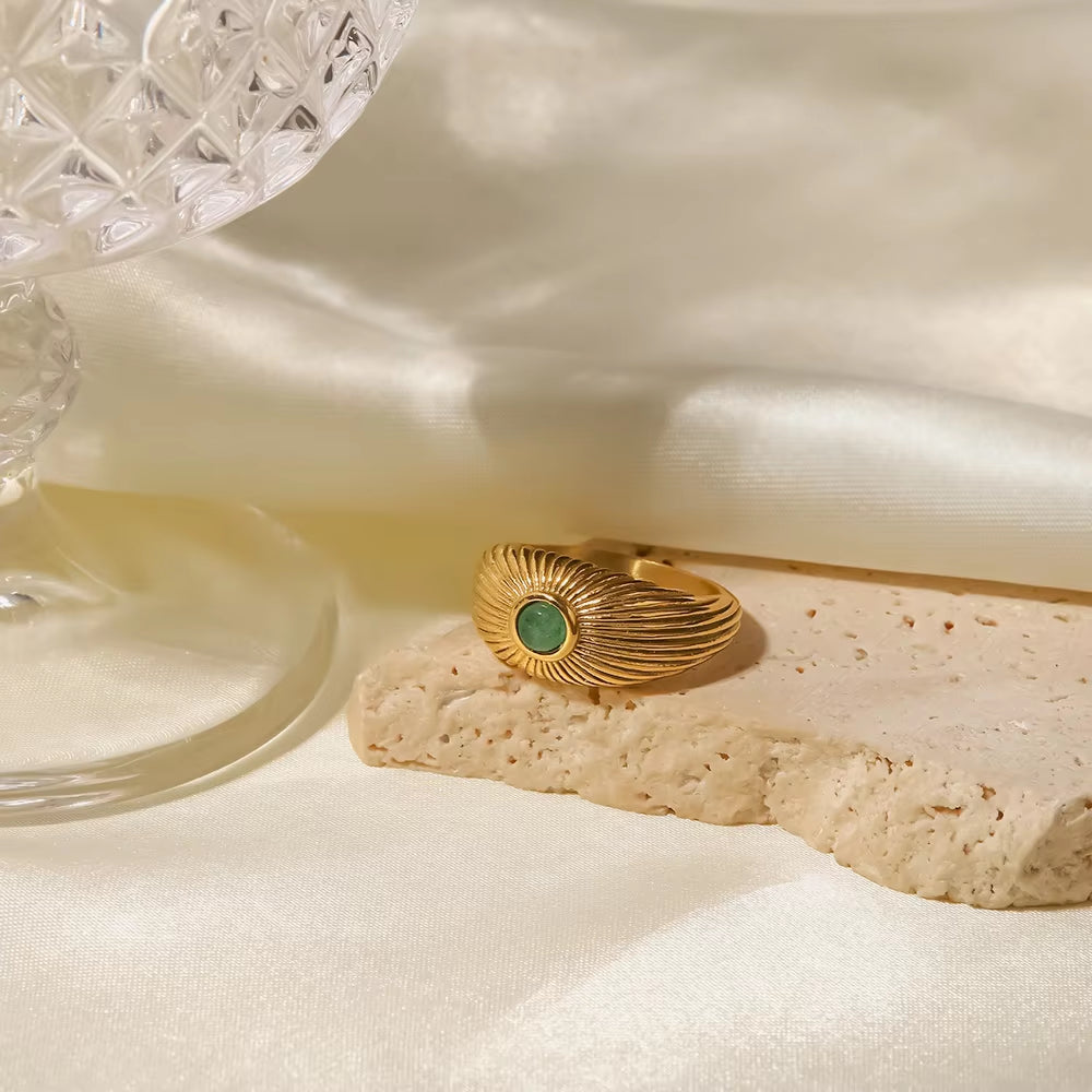Uworld Water Proof Natural Green Stone Opening Ring Stainless Steel Golden Jewelry Trendy Geometric Wrap Ring Party Gift 2022